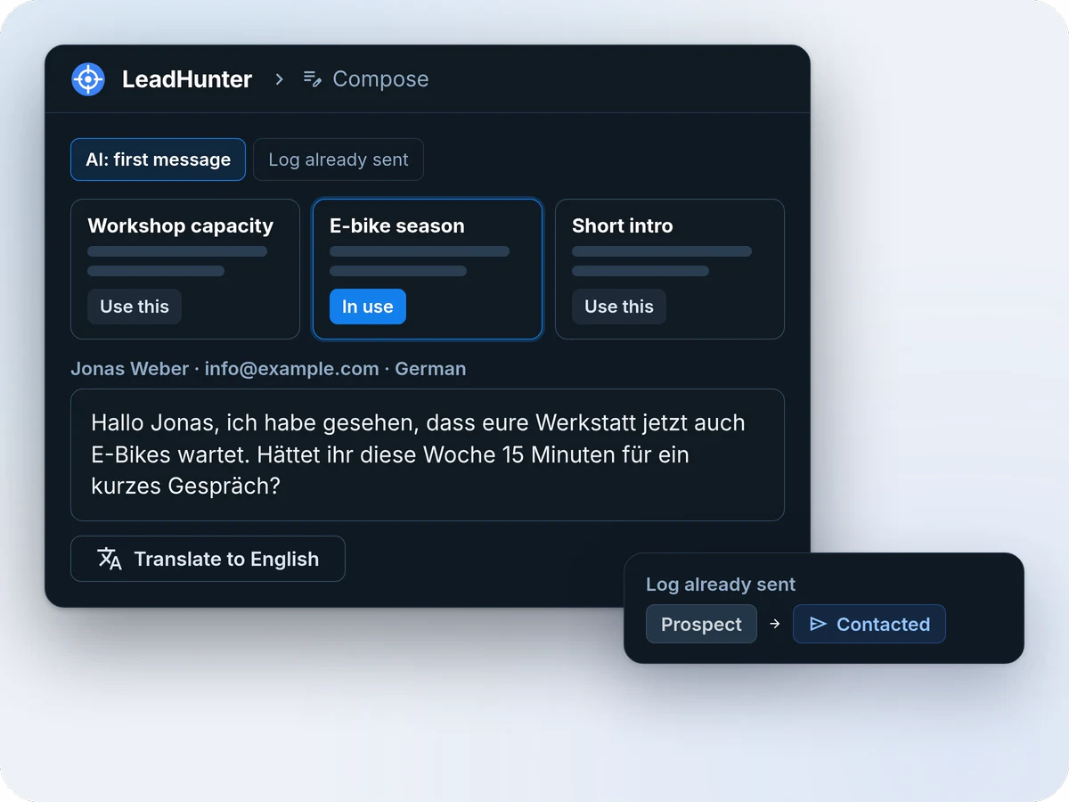 The Compose panel with three AI approaches, E-bike season in use, a first message in German to Jonas Weber with a Translate to English button, and a Log already sent card moving the shop from Prospect to Contacted.