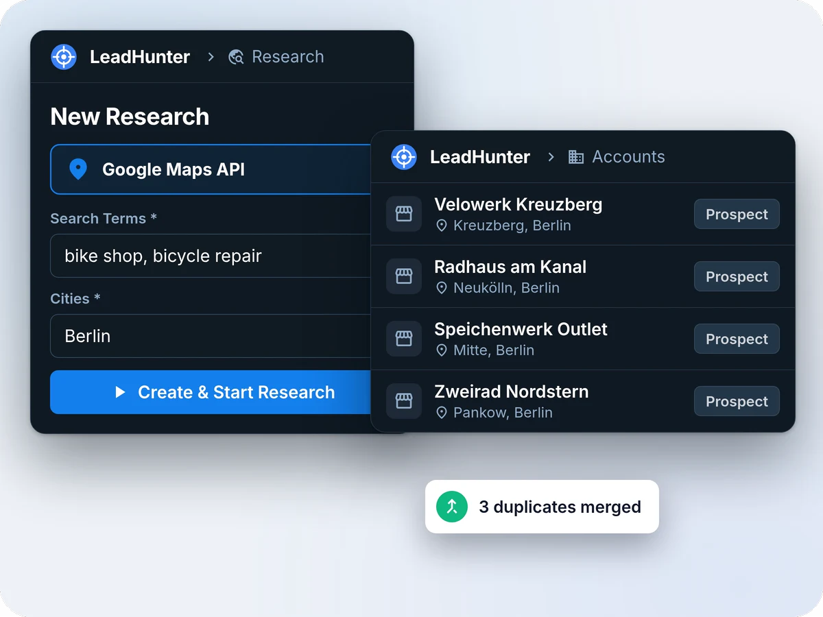 A New Research form with the Google Maps API method, search terms 'bike shop, bicycle repair' and the city Berlin, next to the four shops it found, each marked Prospect, and a '3 duplicates merged' notice.