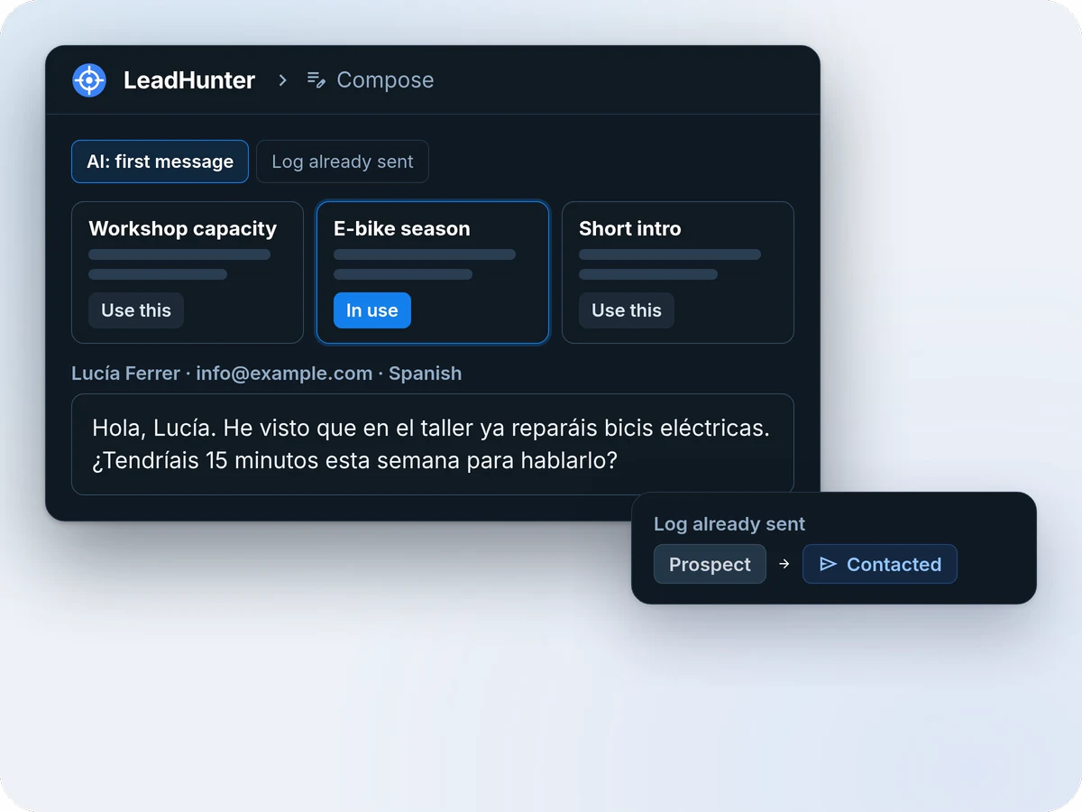 El panel Compose con tres enfoques de la IA, E-bike season en uso, un primer mensaje en español para Lucía Ferrer y una tarjeta Log already sent que pasa la tienda de Prospect a Contacted.